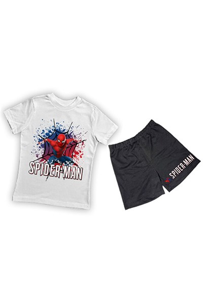 unisex Spiderman baskılı pamuklu kumaş kısa kollu şortlu ikili çocuk takımı