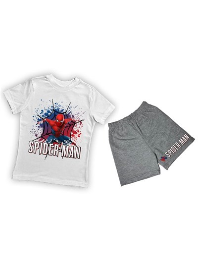 unisex Spiderman baskılı pamuklu kumaş kısa kollu şortlu ikili çocuk takımı