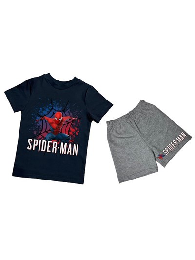 unisex Spiderman baskılı pamuklu kumaş kısa kollu şortlu ikili çocuk takımı