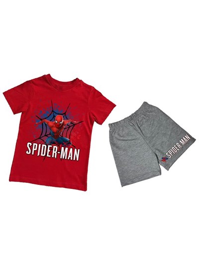 unisex Spiderman baskılı pamuklu kumaş kısa kollu şortlu ikili çocuk takımı
