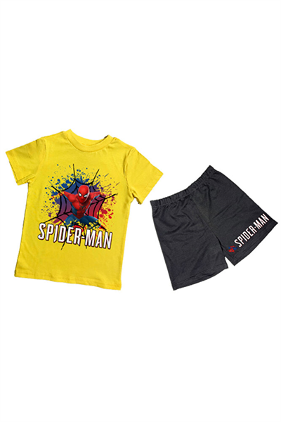 unisex Spiderman baskılı pamuklu kumaş kısa kollu şortlu ikili çocuk takımı