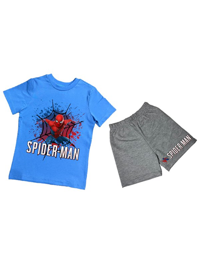 unisex Spiderman baskılı pamuklu kumaş kısa kollu şortlu ikili çocuk takımı