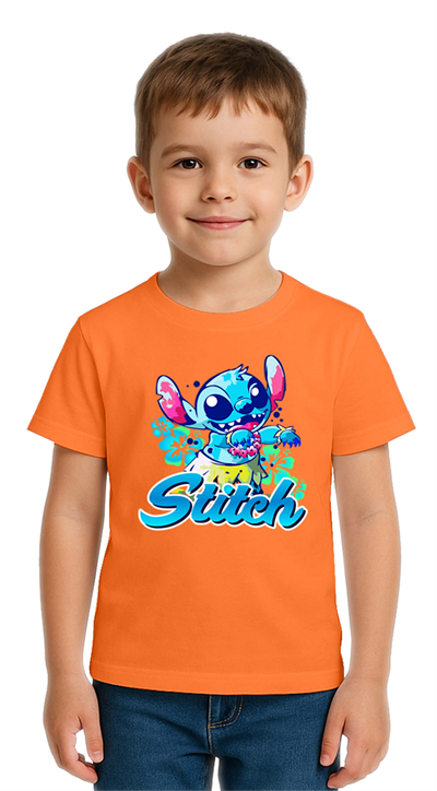 Unisex Stich Baskılı Çocuk Tişört pamuklu penye kumaş