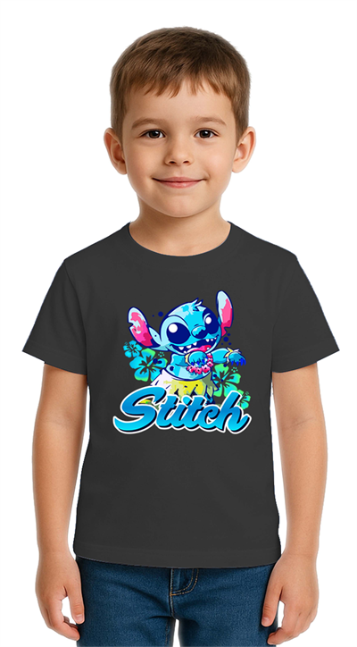 Unisex Stich Baskılı Çocuk Tişört pamuklu penye kumaş