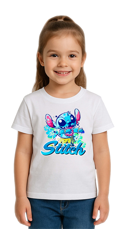 Unisex Stich Baskılı Çocuk Tişört pamuklu penye kumaş
