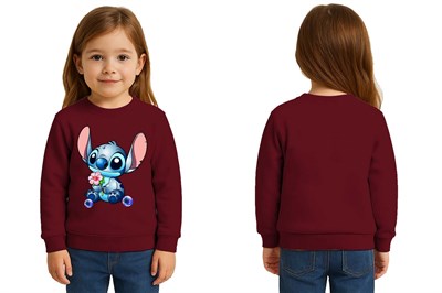 Unisex Stitch Baskılı Çocuk Swaetshirt 3 İplik Şardonlu