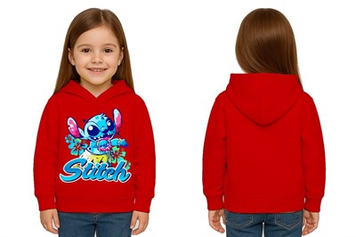 Unisex Stitch Baskılı Çocuk Swaetshirt  Baskılı Kapüşonlu 3 İplik Şardonlu