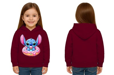 Unisex Stitch Baskılı Çocuk Swaetshirt Baskılı Kapüşonlu 3 İplik Şardonlu