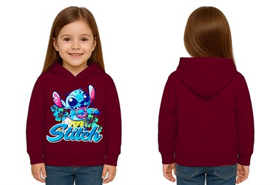 Unisex Stitch Baskılı Çocuk Swaetshirt  Baskılı Kapüşonlu 3 İplik Şardonlu