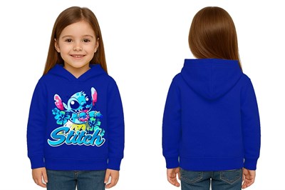 Unisex Stitch Baskılı Çocuk Swaetshirt  Baskılı Kapüşonlu 3 İplik Şardonlu