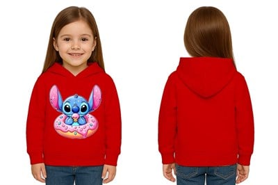 Unisex Stitch Baskılı Çocuk Swaetshirt Baskılı Kapüşonlu 3 İplik Şardonlu