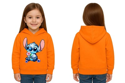 Unisex Stitch Baskılı Çocuk Swaetshirt Baskılı Kapüşonlu 3 İplik Şardonlu