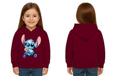 Unisex Stitch Baskılı Çocuk Swaetshirt Baskılı Kapüşonlu 3 İplik Şardonlu