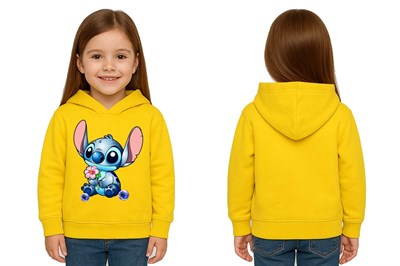 Unisex Stitch Baskılı Çocuk Swaetshirt Baskılı Kapüşonlu 3 İplik Şardonlu