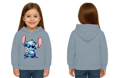 Unisex Stitch Baskılı Çocuk Swaetshirt Baskılı Kapüşonlu 3 İplik Şardonlu