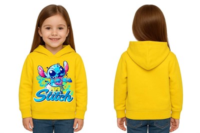 Unisex Stitch Baskılı Çocuk Swaetshirt  Baskılı Kapüşonlu 3 İplik Şardonlu