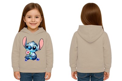 Unisex Stitch Baskılı Çocuk Swaetshirt Baskılı Kapüşonlu 3 İplik Şardonlu