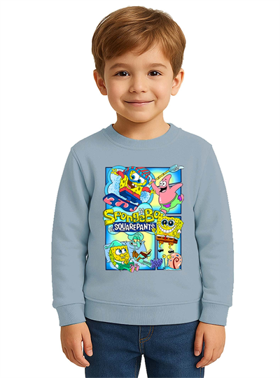 Unisex Sünger Bob Baskılı Çocuk Swaetshirt 3 İplik Şardonlu