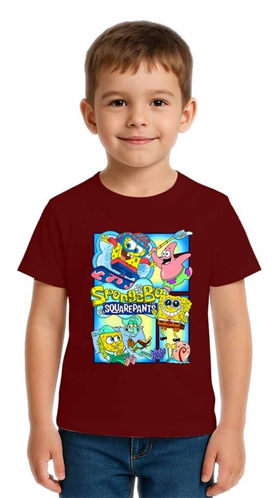 Unisex Sungerbob Baskılı Çocuk Tişört pamuklu penye kumaş