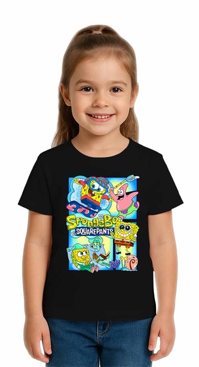 Unisex Sungerbob Baskılı Çocuk Tişört pamuklu penye kumaş