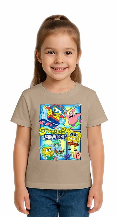 Unisex Sungerbob Baskılı Çocuk Tişört pamuklu penye kumaş