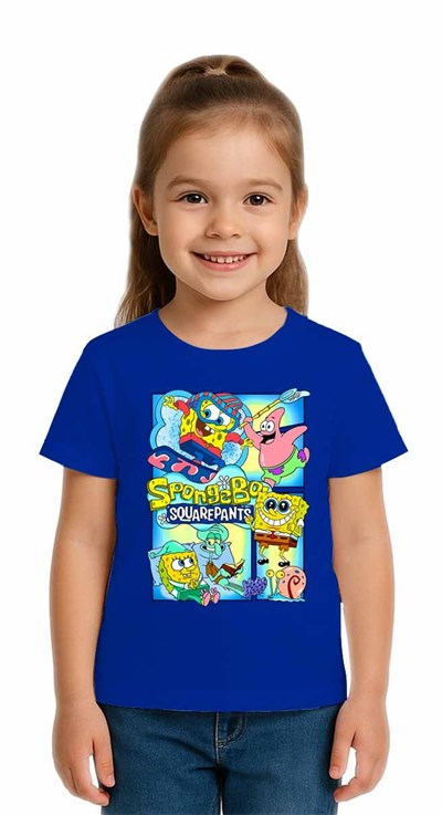 Unisex Sungerbob Baskılı Çocuk Tişört pamuklu penye kumaş