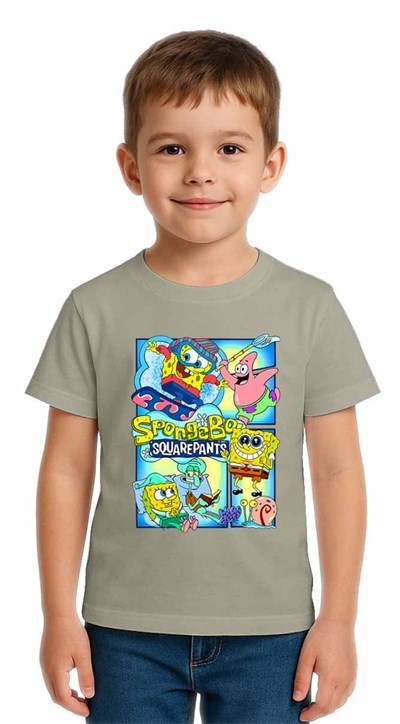 Unisex Sungerbob Baskılı Çocuk Tişört pamuklu penye kumaş
