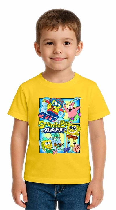 Unisex Sungerbob Baskılı Çocuk Tişört pamuklu penye kumaş