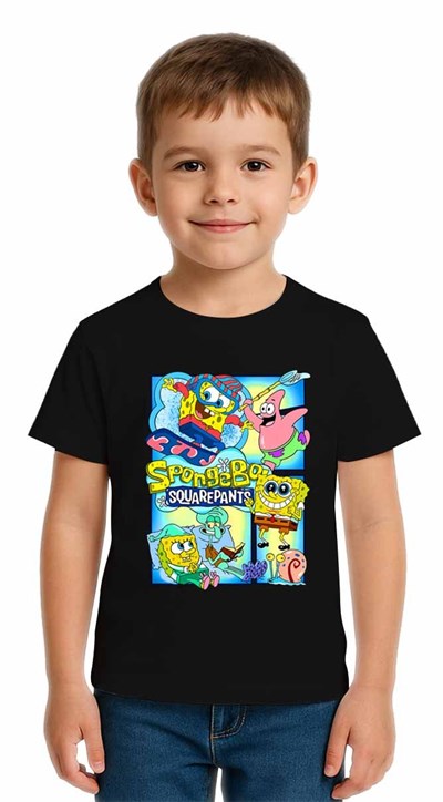 Unisex Sungerbob Baskılı Çocuk Tişört pamuklu penye kumaş