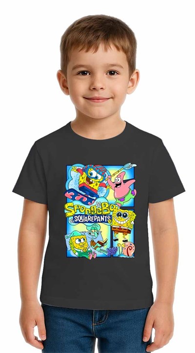Unisex Sungerbob Baskılı Çocuk Tişört pamuklu penye kumaş