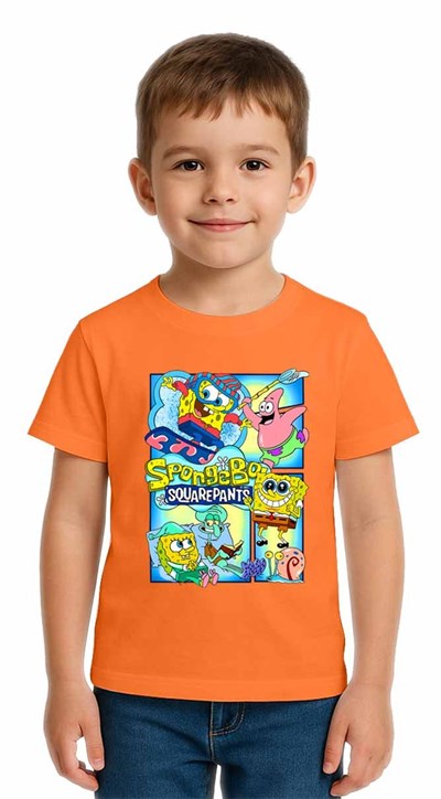 Unisex Sungerbob Baskılı Çocuk Tişört pamuklu penye kumaş