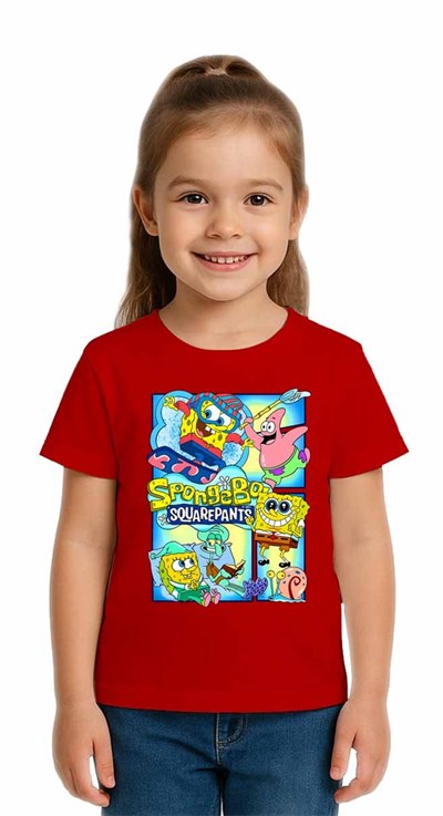 Unisex Sungerbob Baskılı Çocuk Tişört pamuklu penye kumaş