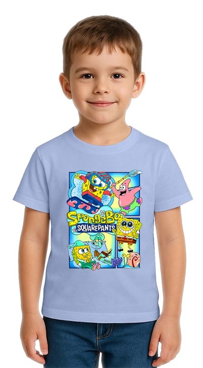 Unisex Sungerbob Baskılı Çocuk Tişört pamuklu penye kumaş