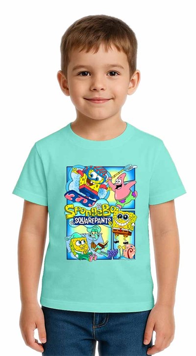 Unisex Sungerbob Baskılı Çocuk Tişört pamuklu penye kumaş