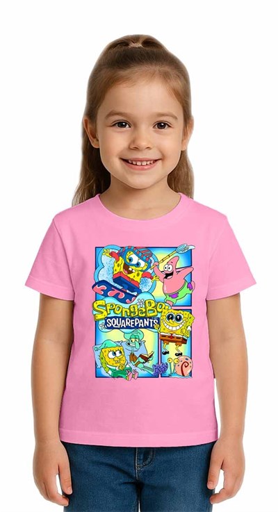 Unisex Sungerbob Baskılı Çocuk Tişört pamuklu penye kumaş