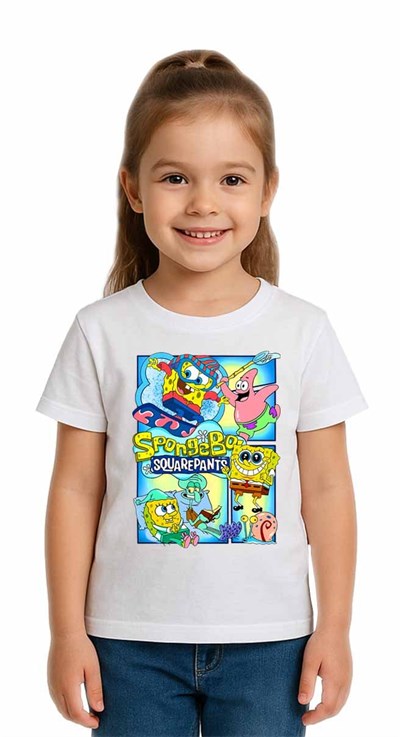 Unisex Sungerbob Baskılı Çocuk Tişört pamuklu penye kumaş