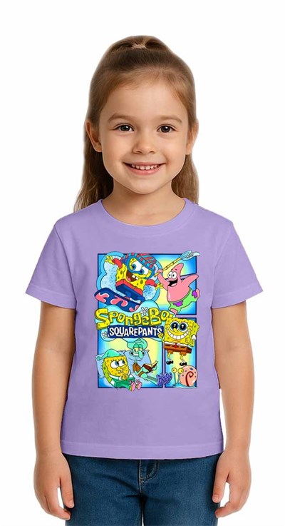 Unisex Sungerbob Baskılı Çocuk Tişört pamuklu penye kumaş