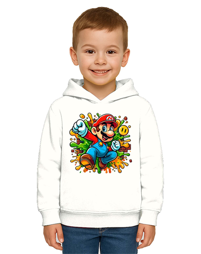Unisex Super Marıo Baskılı Çocuk Swaetshirt Kapşonlu 3 İplik Şardonlu
