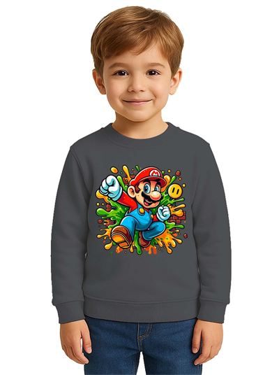 Unisex Super Marıo Baskılı Çocuk Swaetshirt 3 İplik Şardonlu