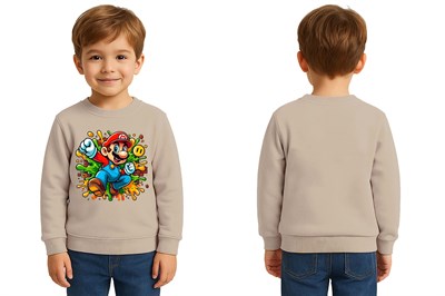 Unisex Super Marıo Baskılı Çocuk Swaetshirt 3 İplik Şardonlu