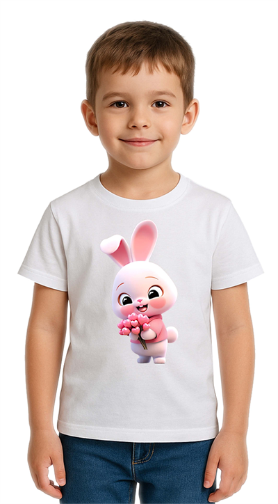 Unisex Tavşan Rabbit Baskılı Çocuk Tişört pamuklu penye kumaş