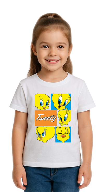 Unisex Tweety Baskılı Çocuk Tişört pamuklu penye kumaş