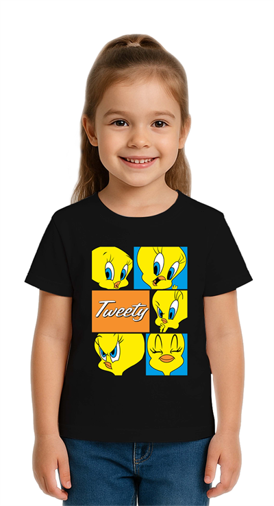 Unisex Tweety Baskılı Çocuk Tişört pamuklu penye kumaş