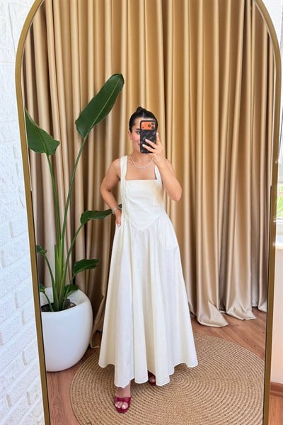 Prenses Kesim Poplin Elbise - Bej