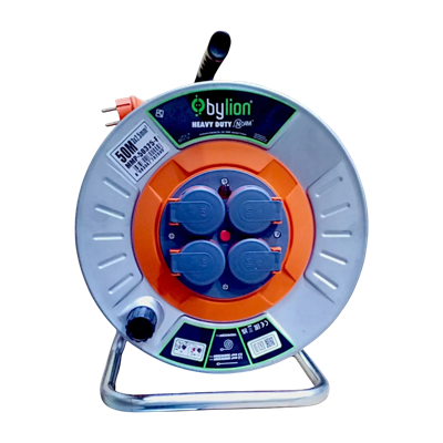 Bylion MMP-50315F 3x1.5 mm 50 Mt Metal Makaralı Kapaklı Seyyar Uzatma Kablosu Termal Sigortalı CCA