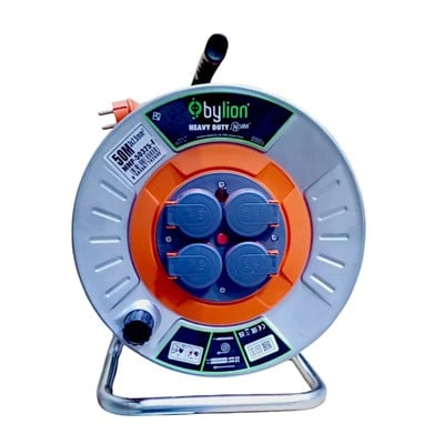 Bylion MMP-50315F 3x1.5 mm 50 Mt Metal Makaralı Kapaklı Seyyar Uzatma Kablosu Termal Sigortalı CCA