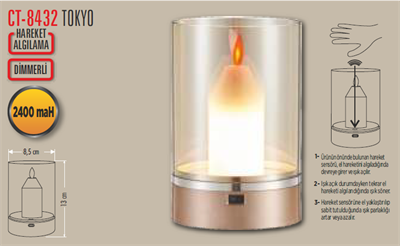 Cata CT-8432 Tokyo Şarjlı Masa Lambası Gün Işığı | Hareket Algılama, Dimmerli Ø:85 mm Y:130 mm
