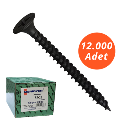 Meridyen Alçıpan Vidası 3,5*25 Sivri Uçlu 12.000 Adet - PH 2 Bits Uç ile Kullanılır