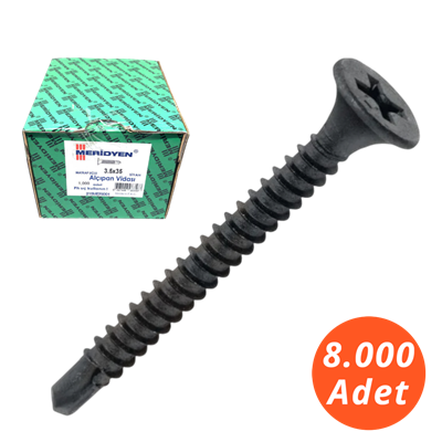 Meridyen Alçıpan Vidası 3,5*35 Matkap Uçlu 8.000 - PH 2 Bits Uç ile Kullanılır