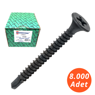 Meridyen Alçıpan Vidası 3,5*35 Matkap Uçlu 8.000 - PH 2 Bits Uç ile Kullanılır